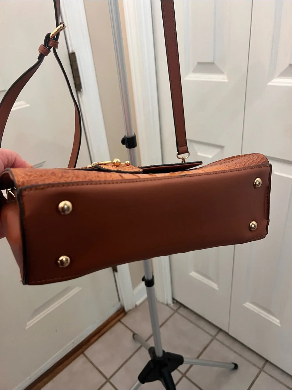 Structured Croc-Embossed Top Handle Bag in Cognac American bee